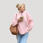 Dam Oversized Stickad Tröja Rundhalsad Långärmad Ljusrosa