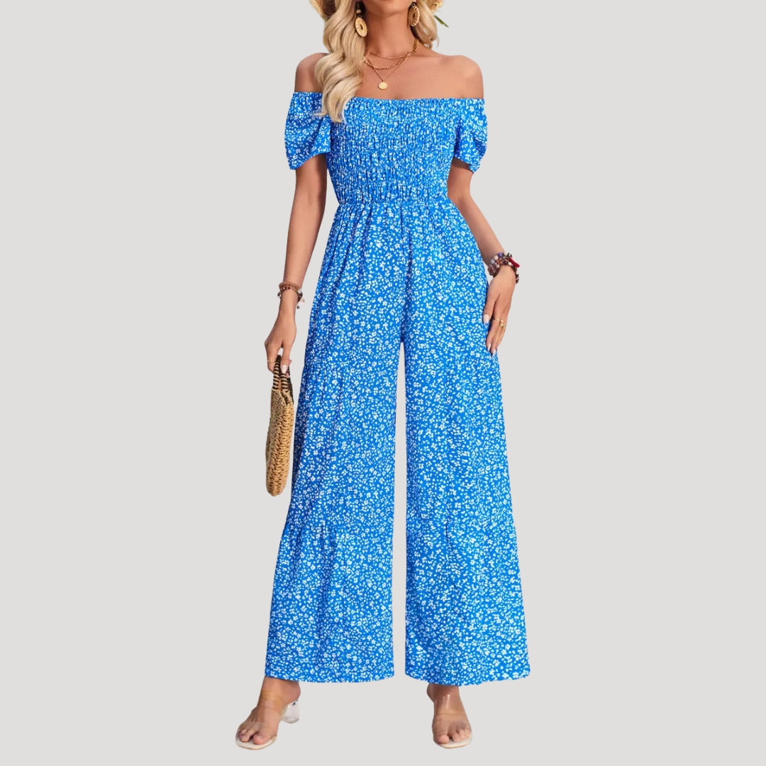 Dam mönstrad jumpsuit med smock och vid byxa