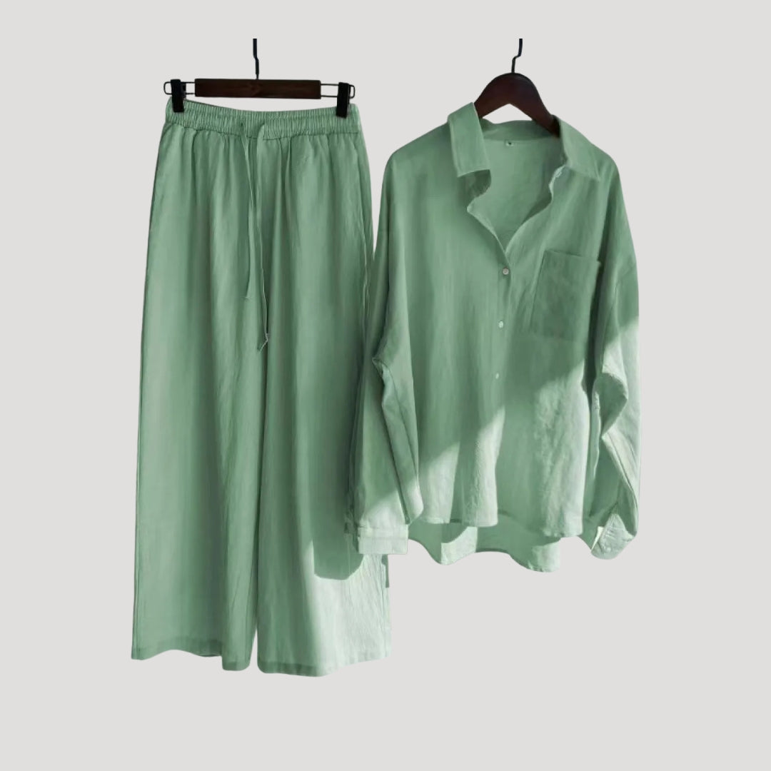 Dam linne set skjorta och vida byxor