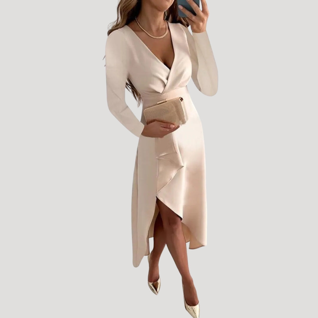 Dam långärmad omlottklänning midi elegant festklänning stilren