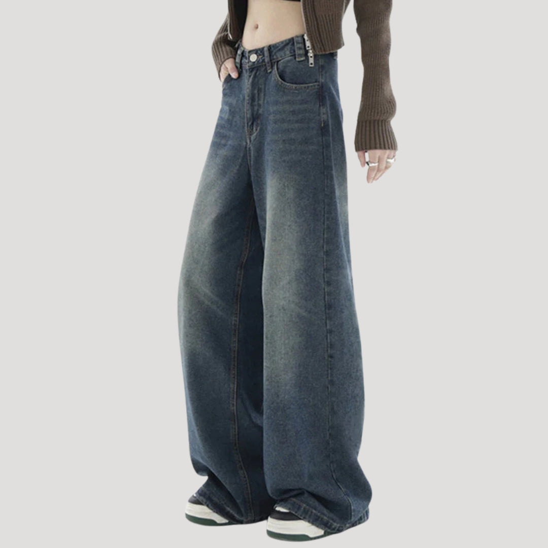 Dam högmidjade vida mörka denimjeans med breda ben och lös passform