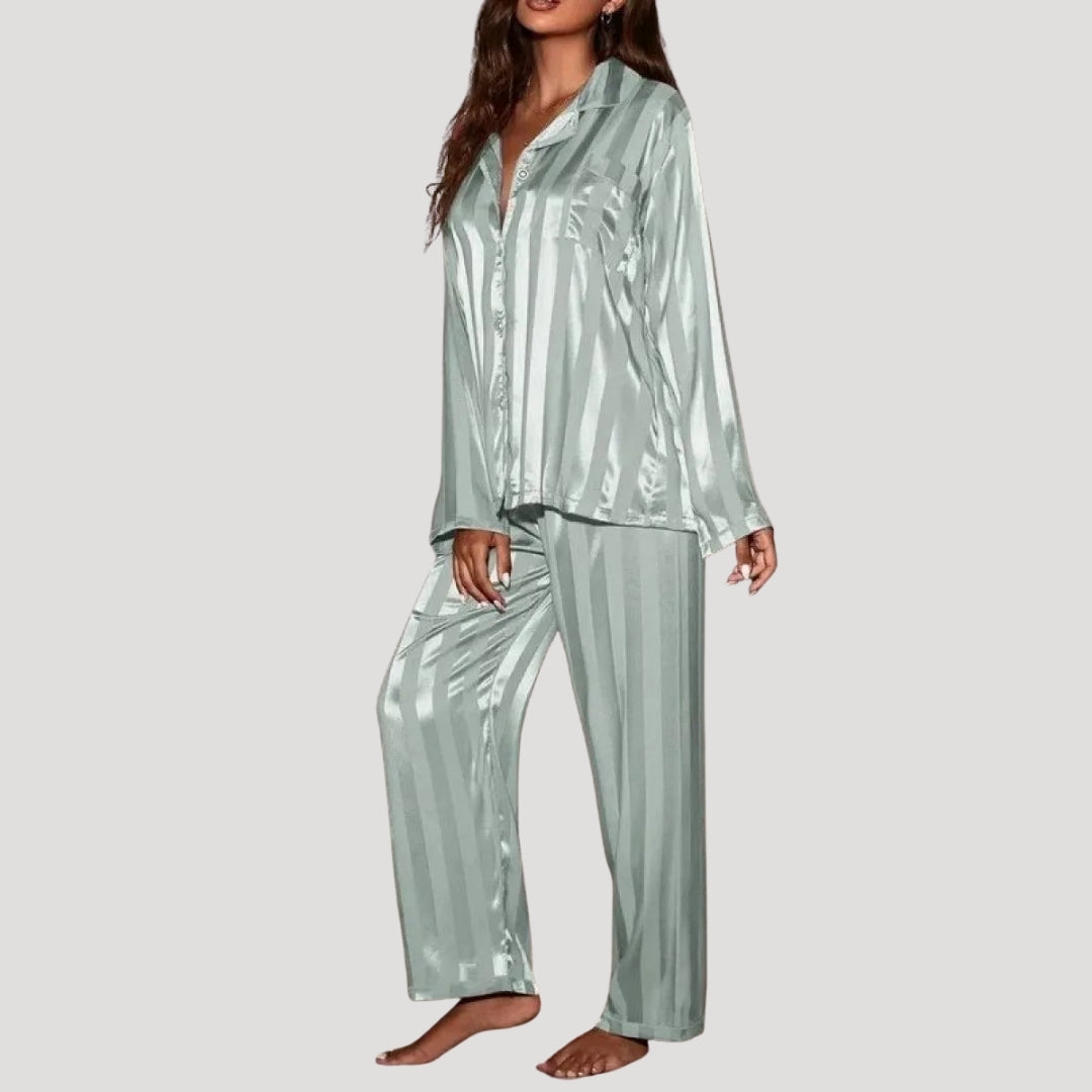 Dam satin pyjamas set randig långärmad