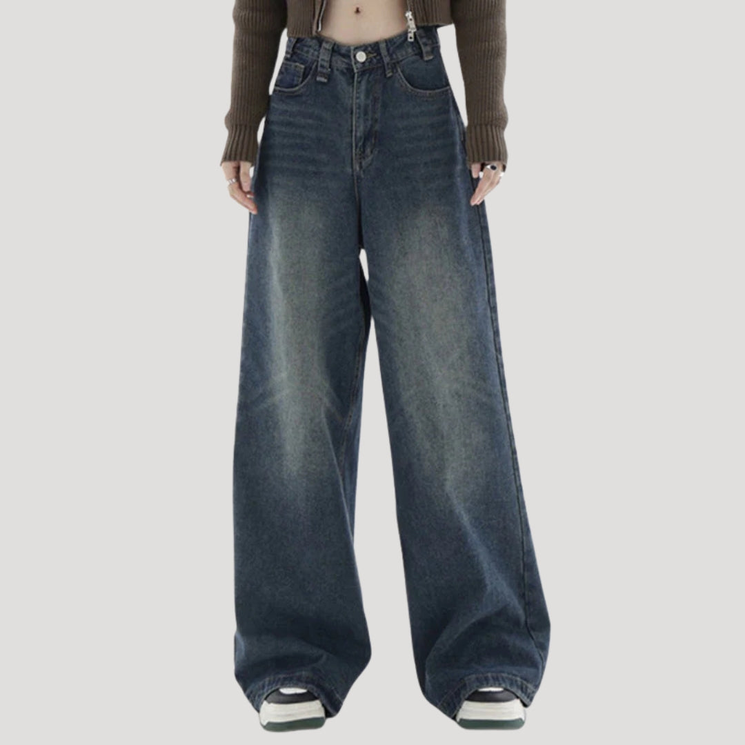 Dam högmidjade vida mörka denimjeans med breda ben och lös passform