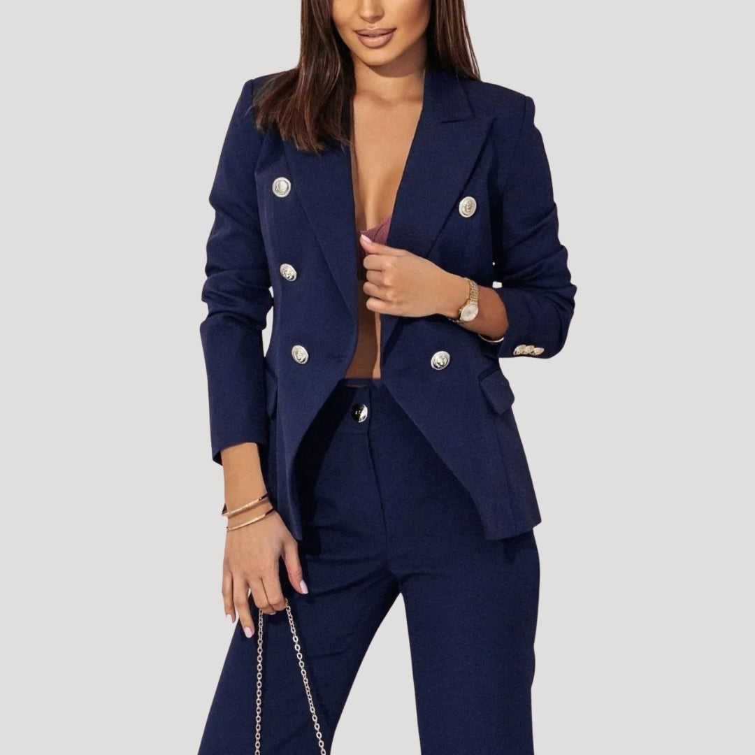 Dam dubbelknäppt kostym set med blazer och byxa