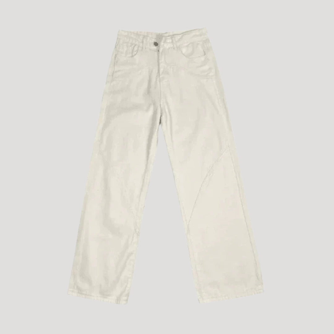 Dam högmidjade vita denimjeans med raka ben och dekorativa sömmar