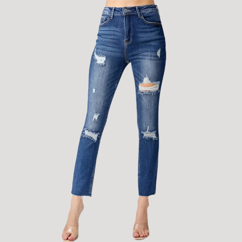 Dam Skinny Jeans Hög Midja Slitna Detaljer