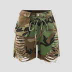 Dam jeansshorts cargo hög midja med slitna detaljer