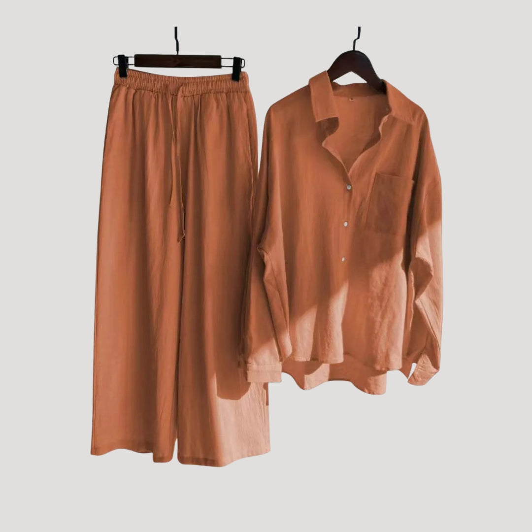 Dam linne set skjorta och vida byxor