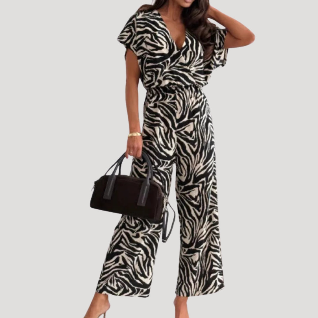 Dam mönstrad byxdress kort ärm elegant passform