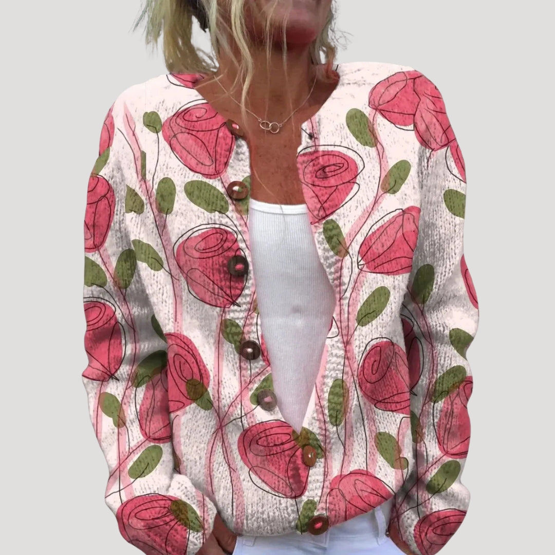 Dam stickad kofta med knappar och mönster