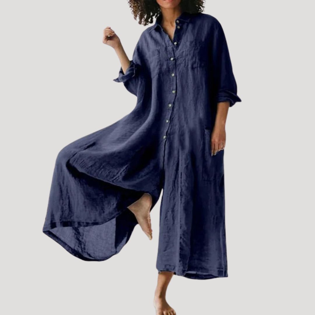 Dam långärmad linneklänning skjortklänning maxilängd avslappnad sommar stil