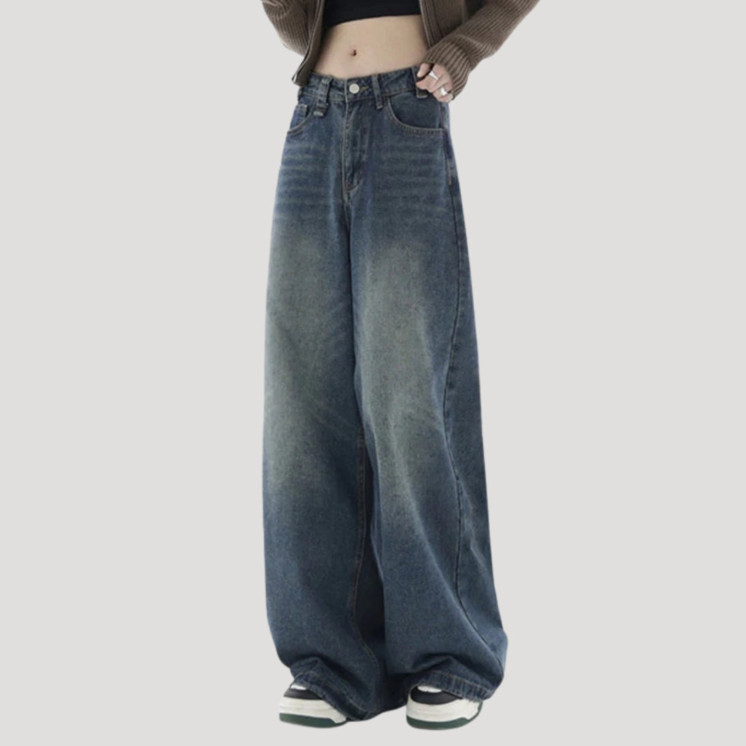Dam högmidjade vida mörka denimjeans med breda ben och lös passform