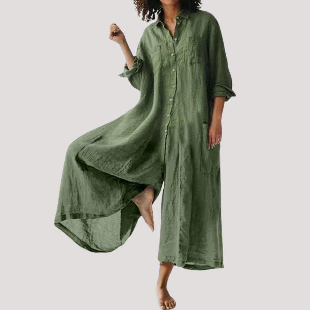 Dam långärmad linneklänning skjortklänning maxilängd avslappnad sommar stil