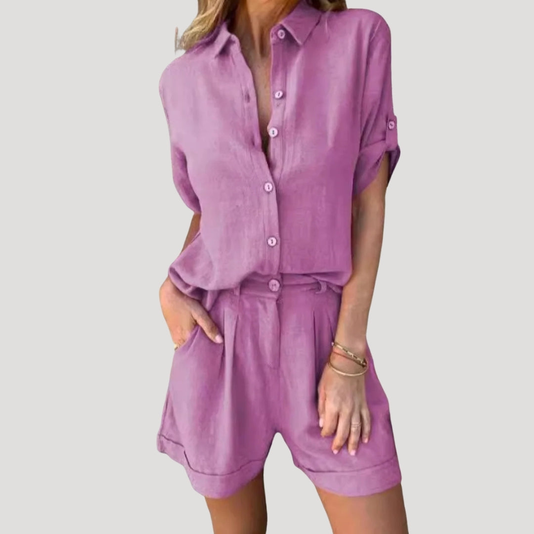 Dam matchande linne set med skjorta och shorts