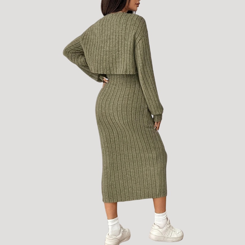 Damklänning Stickad Midiklänning Ribbad Bodycon Tvådelat Set