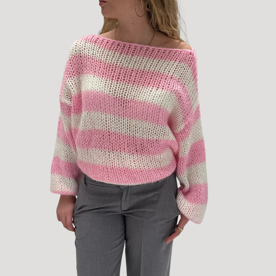Dam Stickad Tröja Randig Off Shoulder Långärmad