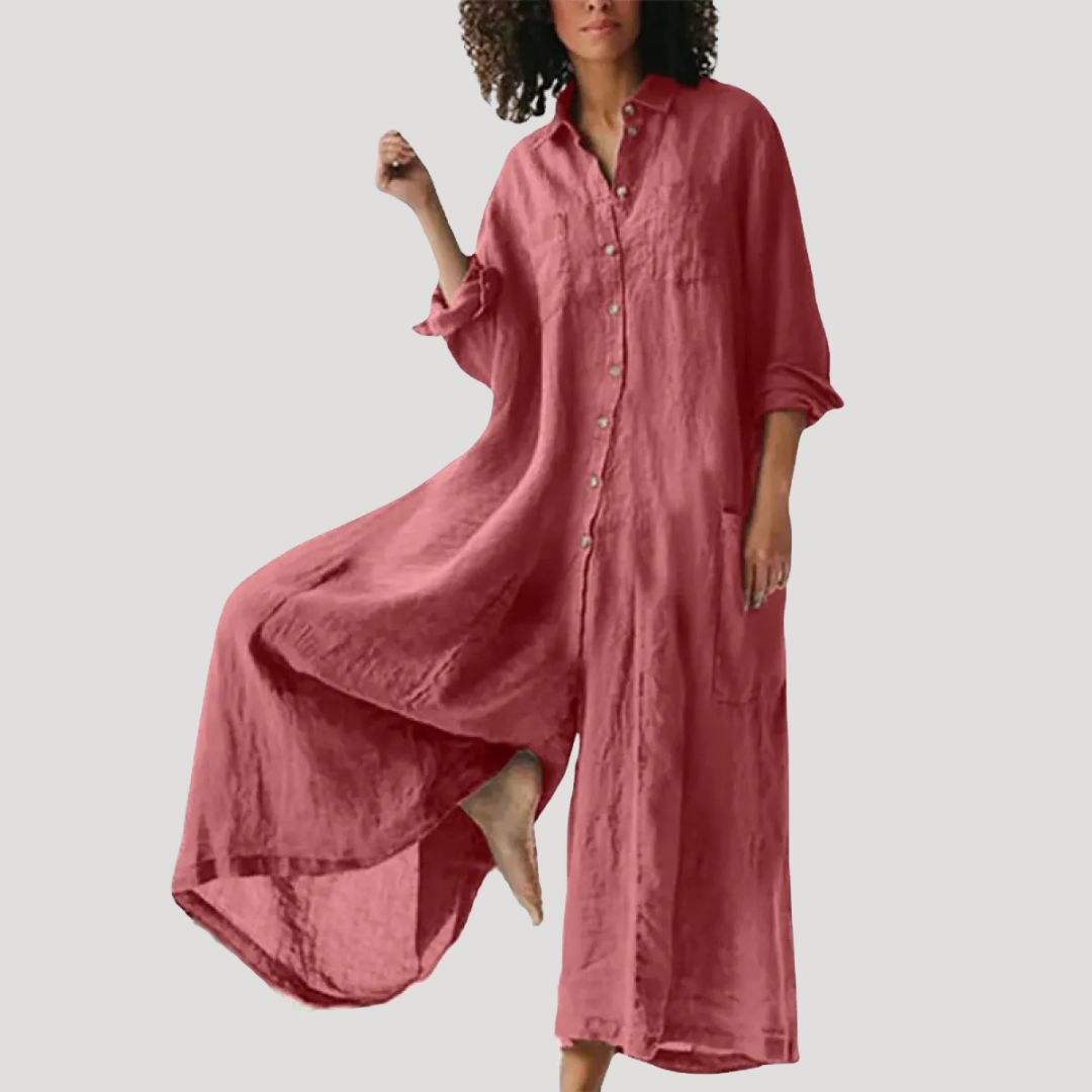 Dam långärmad linneklänning skjortklänning maxilängd avslappnad sommar stil