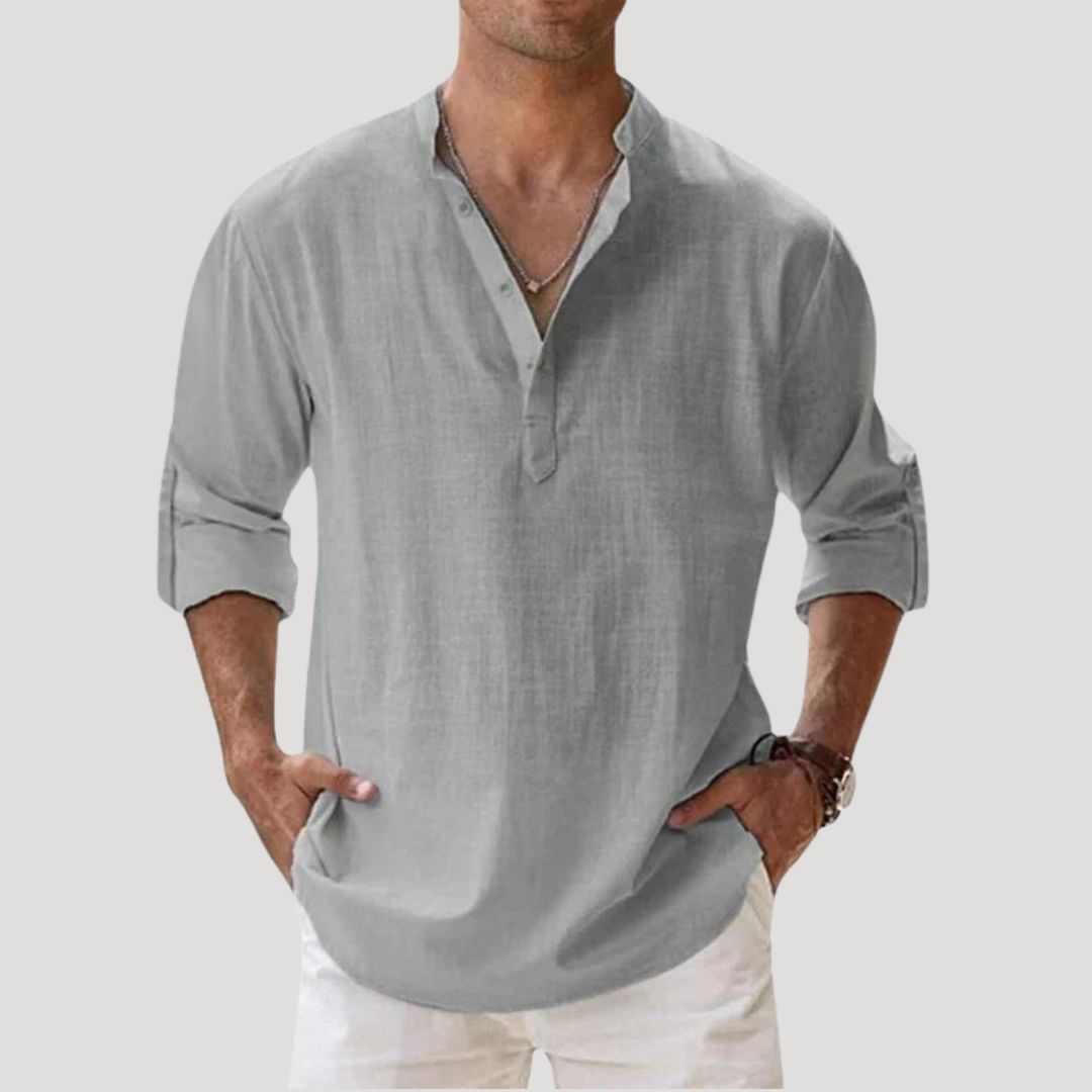 Herr långärmad linneskjorta med kinakrage