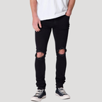 Herr Skinny Jeans Slitna Knän Svart Denim