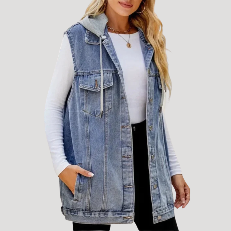 Dam Jeansväst Med Huva Avslappnad Oversize