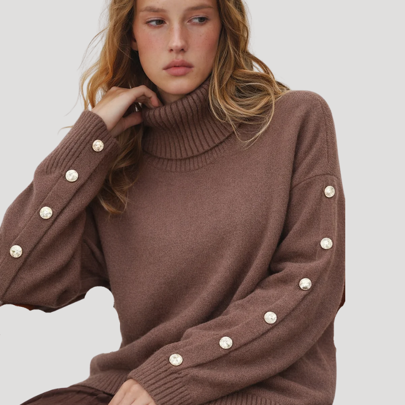 Dam Oversized Stickad Rullkragetröja Långärmad Med Pärlknappar