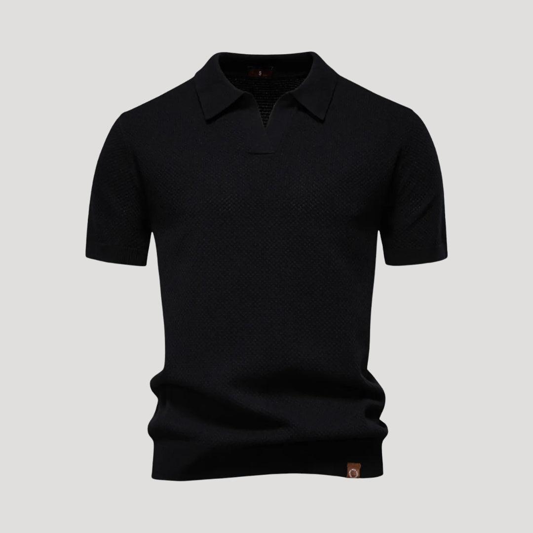 Herr stickad pikétröja henley med krage kort ärm