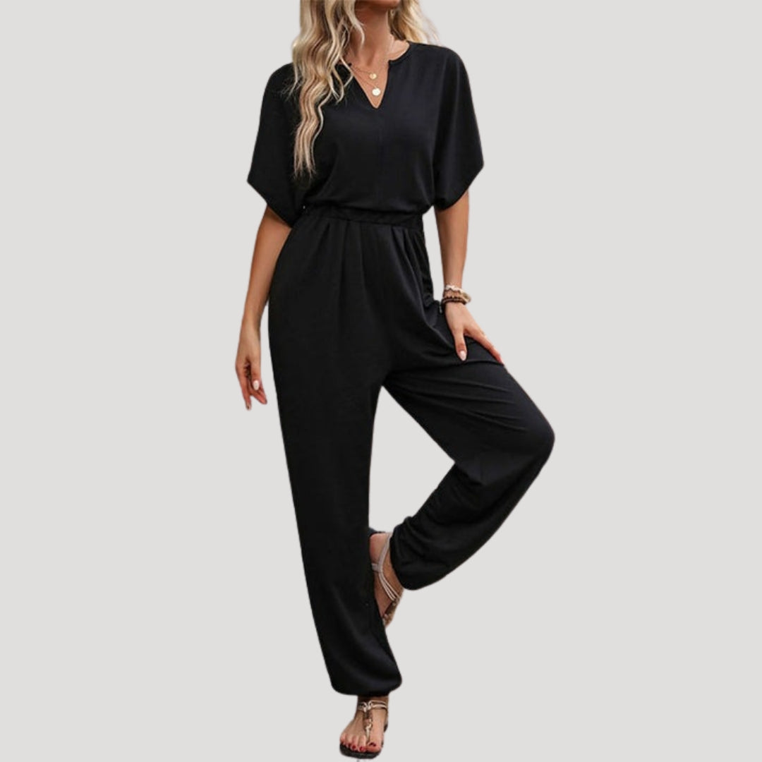 Dam jumpsuit kort ärm med resårmidja bekväm passform