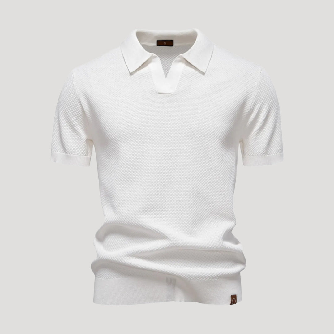 Herr stickad pikétröja henley med krage kort ärm