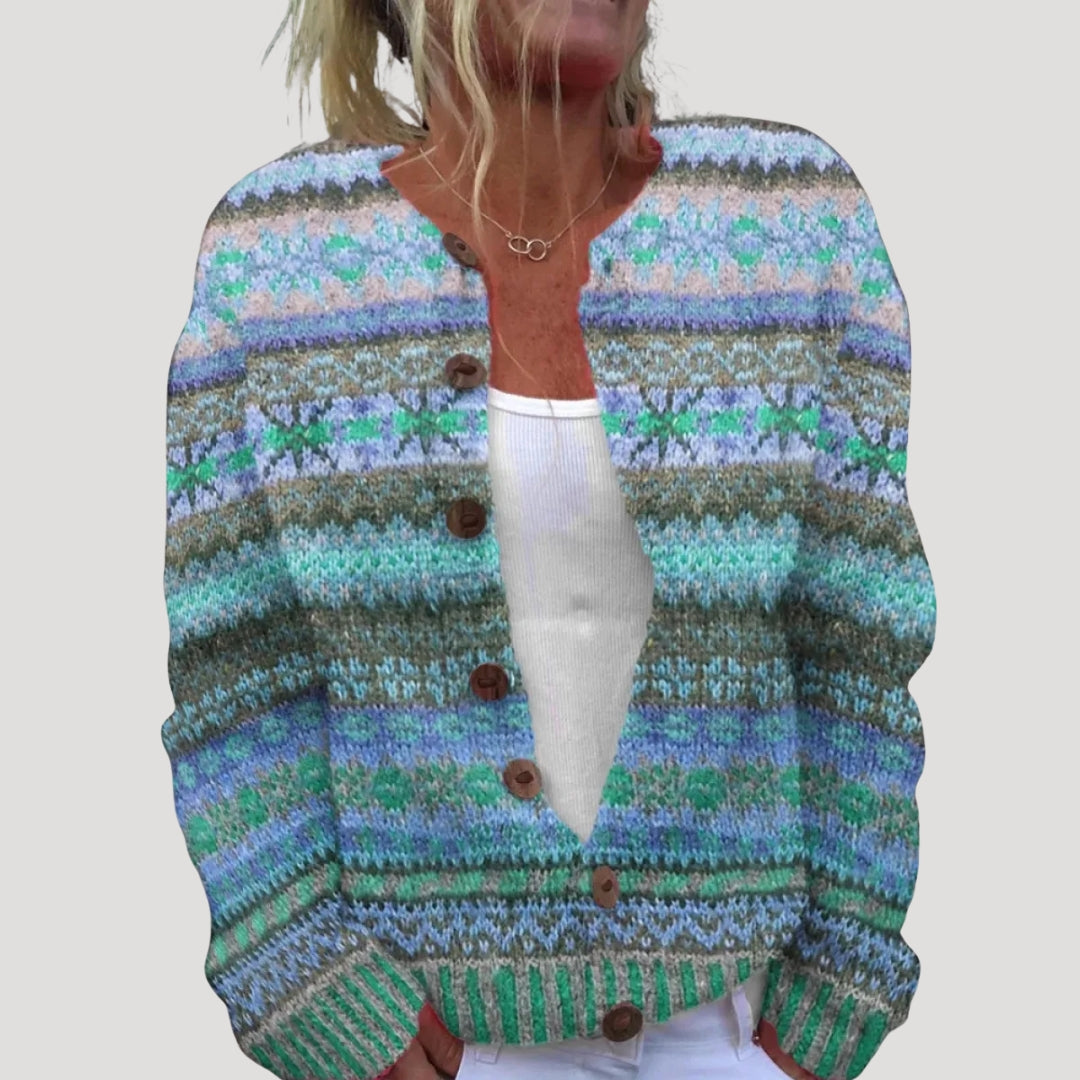 Dam stickad kofta med knappar och mönster
