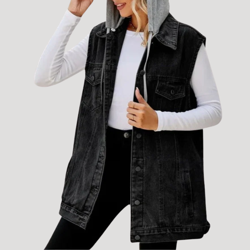 Dam Jeansväst Med Huva Avslappnad Oversize
