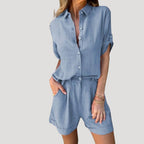 Dam matchande linne set med skjorta och shorts