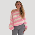 Dam Stickad Tröja Randig Off Shoulder Långärmad