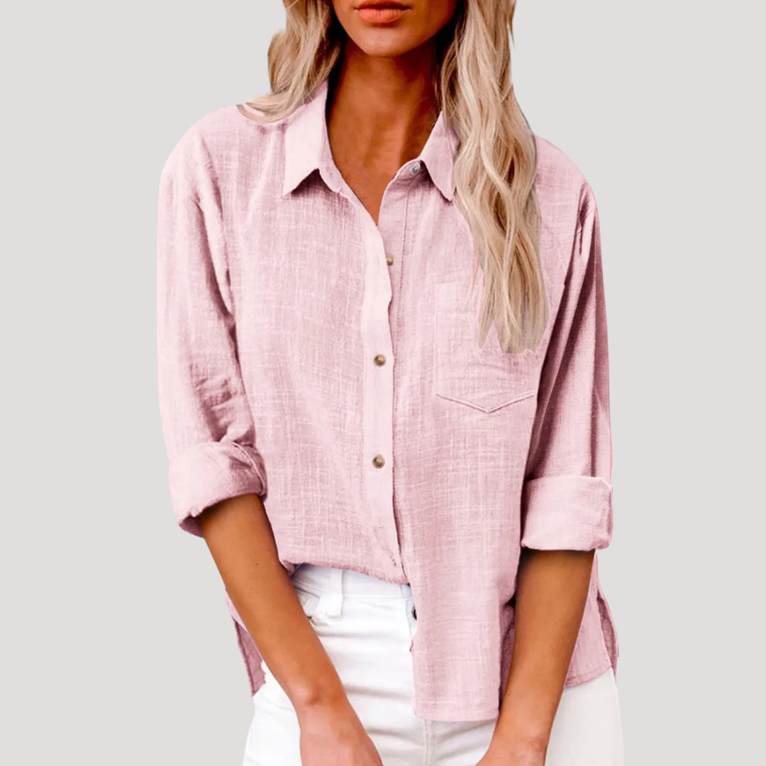 Dam linneskjorta långärmad med ficka avslappnad passform sommar vardag stil