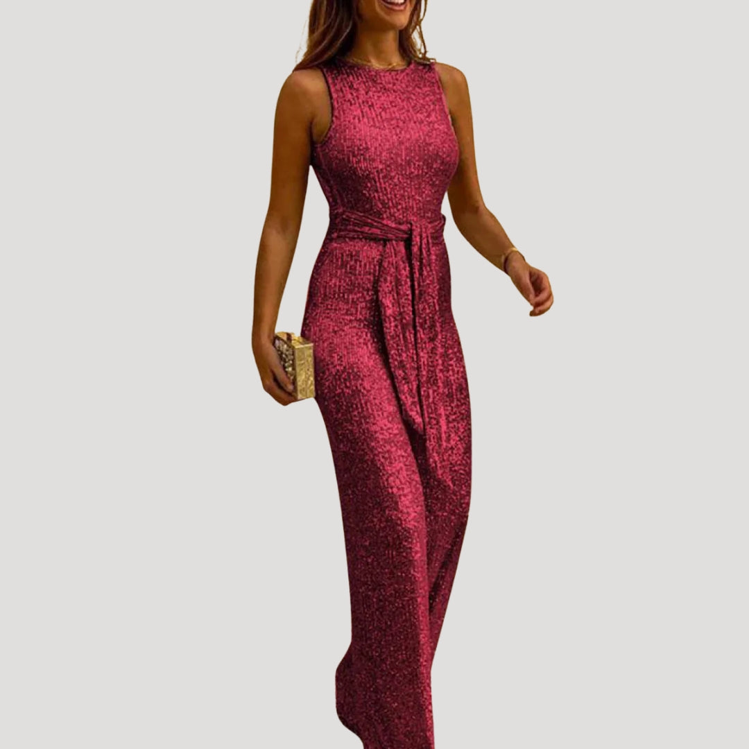 Dam jumpsuit glittrig fest knytband elegant stil modern passform