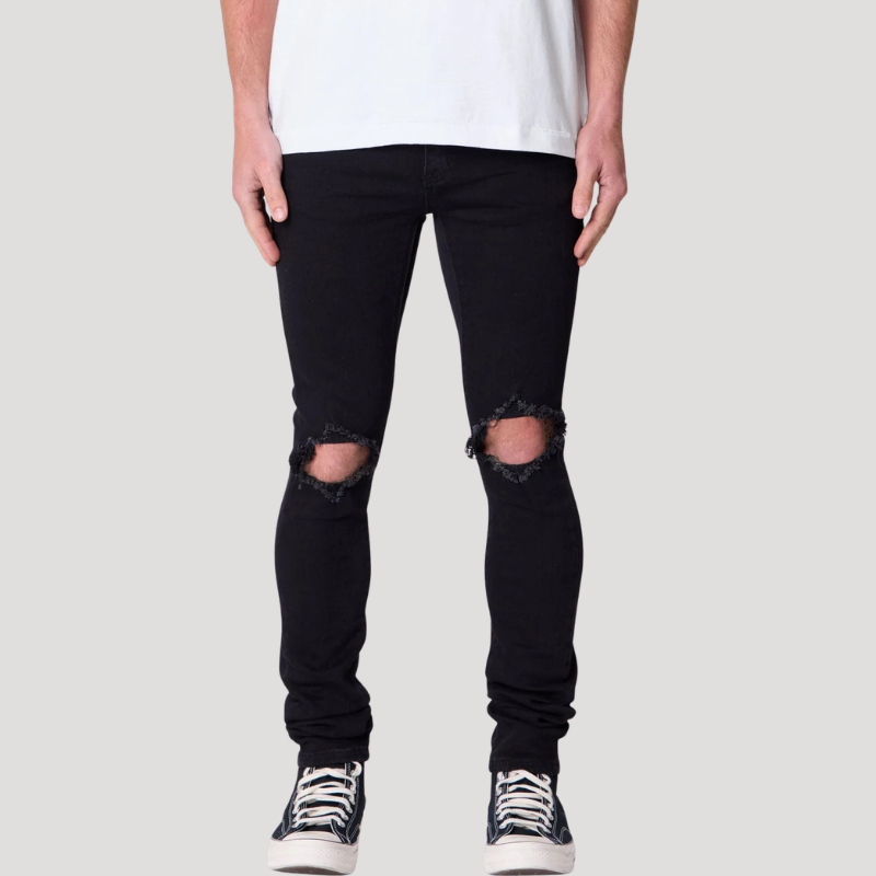 Herr Skinny Jeans Slitna Knän Svart Denim