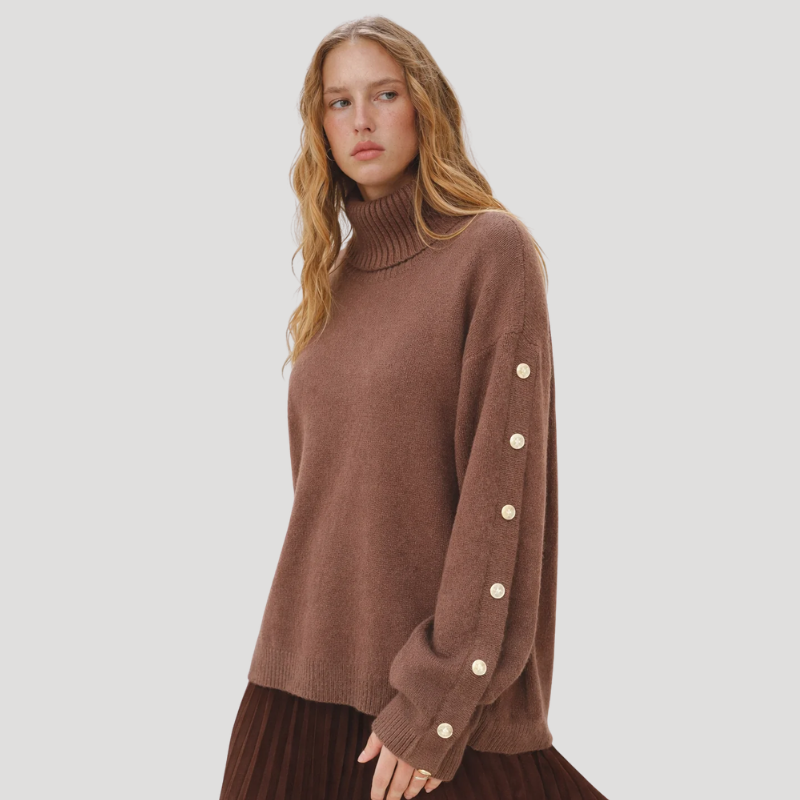 Dam Oversized Stickad Rullkragetröja Långärmad Med Pärlknappar