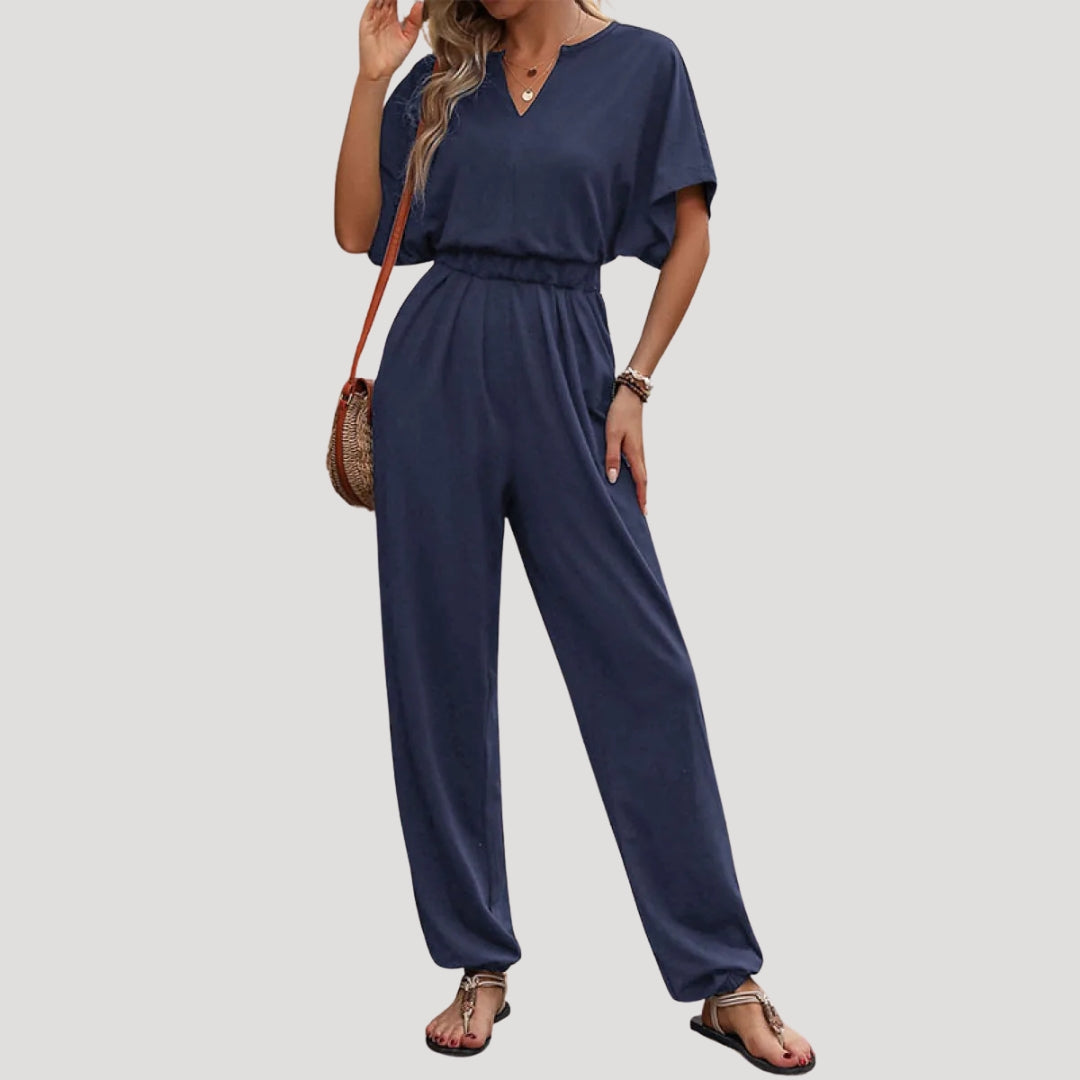 Dam jumpsuit kort ärm med resårmidja bekväm passform