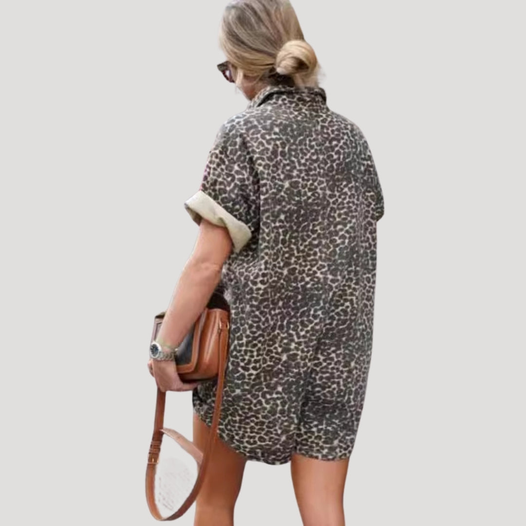 Dam leopardmönstrad kort byxdress med knappar