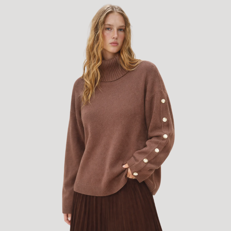 Dam Oversized Stickad Rullkragetröja Långärmad Med Pärlknappar