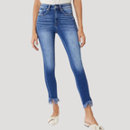 Dam Skinny Jeans Hög Midja Med Fransdetaljer Denim