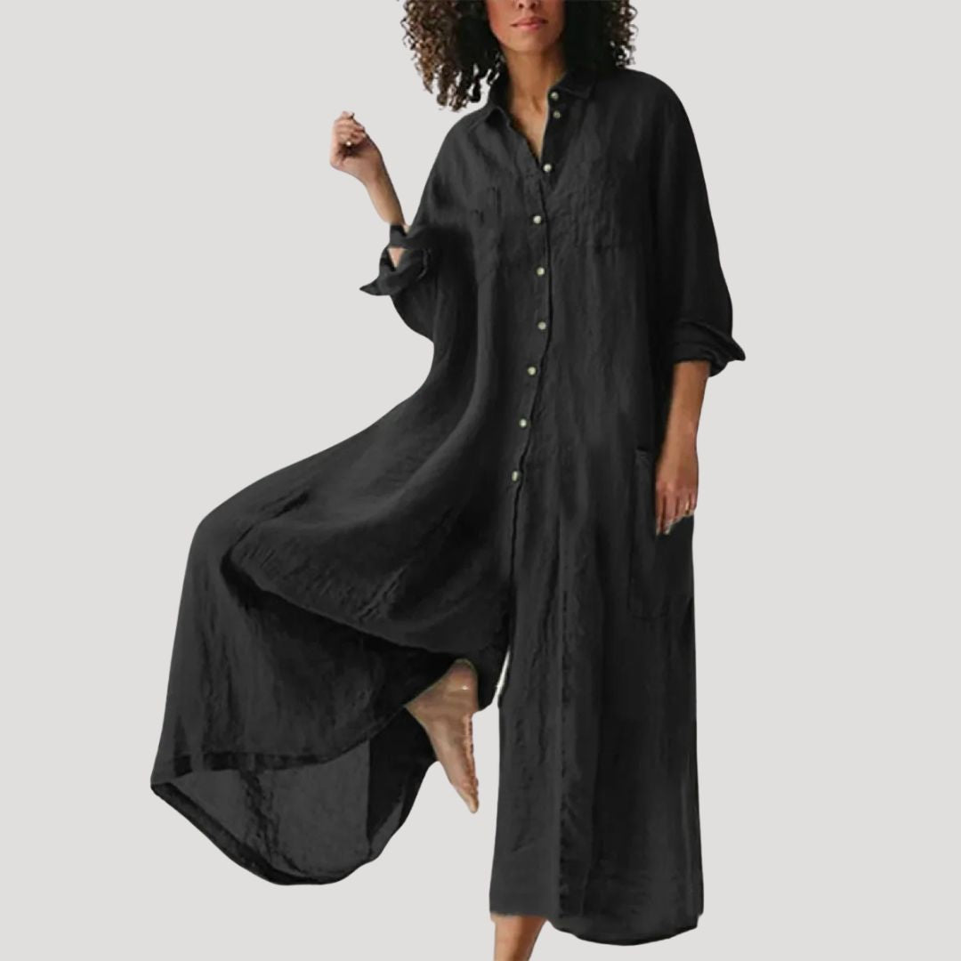 Dam långärmad linneklänning skjortklänning maxilängd avslappnad sommar stil