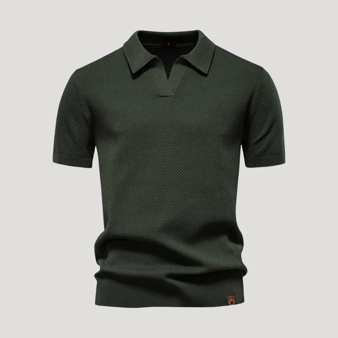 Herr stickad pikétröja henley med krage kort ärm