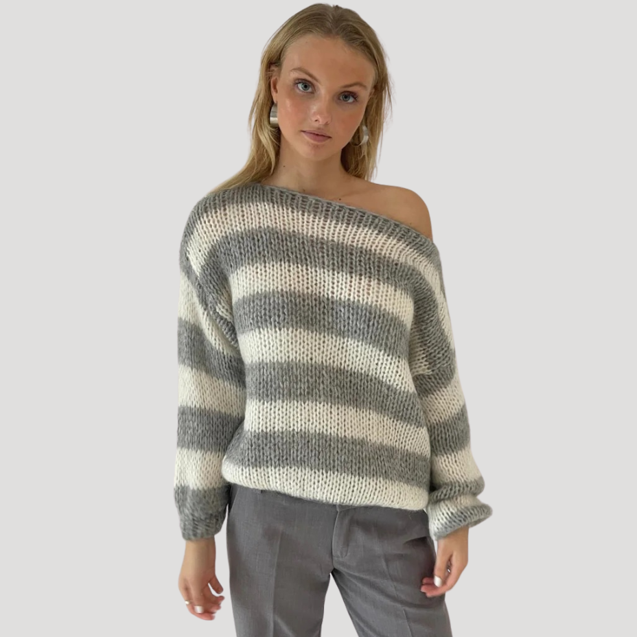 Dam Stickad Tröja Randig Off Shoulder Långärmad