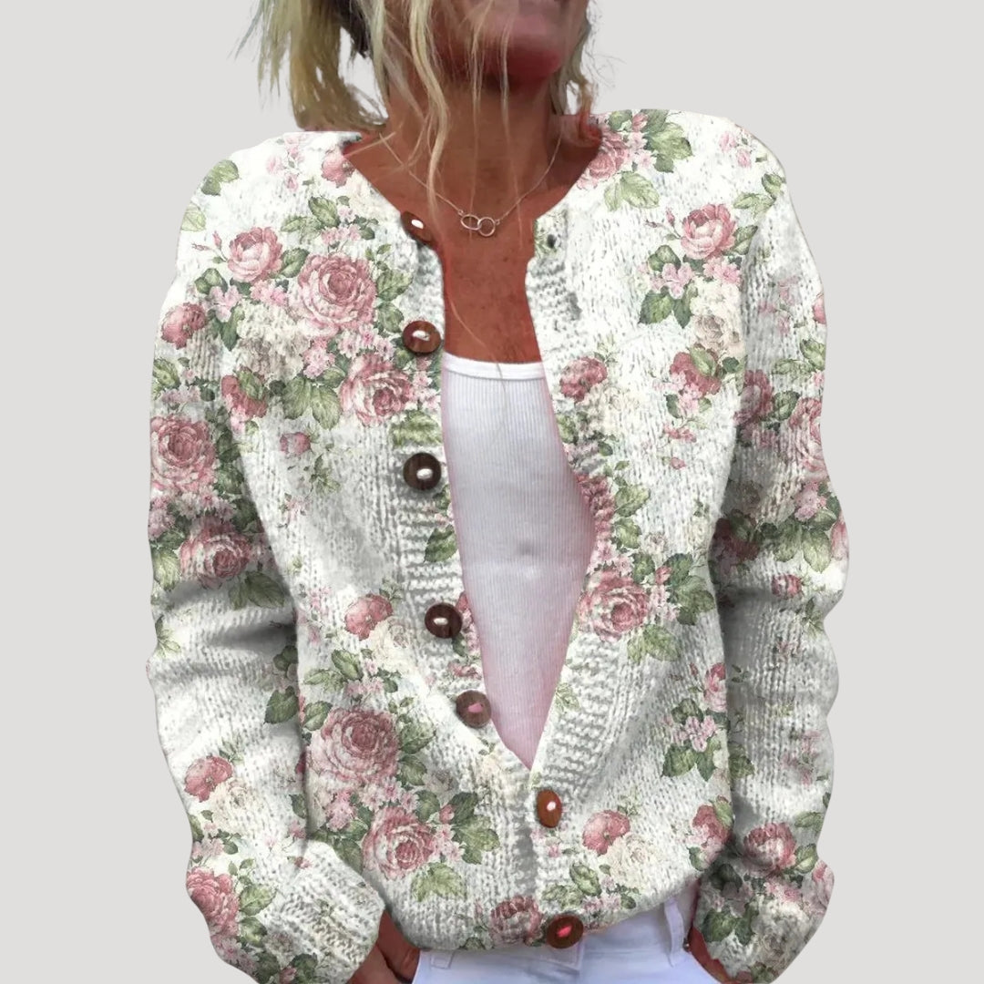 Dam stickad kofta med knappar och mönster