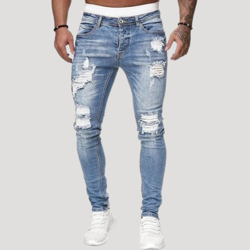 Herr Skinny Jeans Slim Fit Rippade Stretch Denimjeans Ljusblå