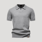 Herr stickad pikétröja henley med krage kort ärm