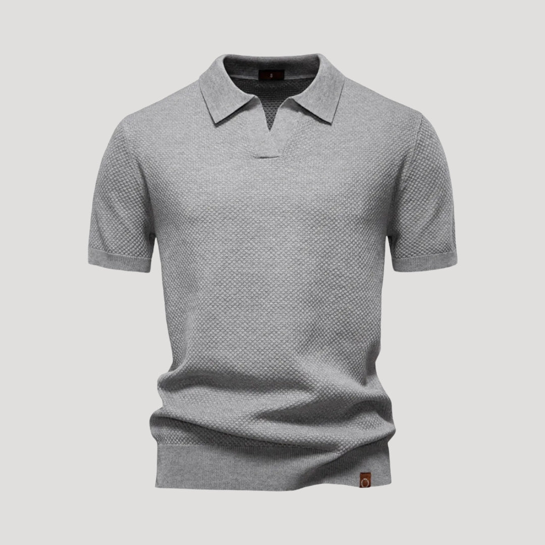 Herr stickad pikétröja henley med krage kort ärm