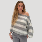 Dam Stickad Tröja Randig Off Shoulder Långärmad
