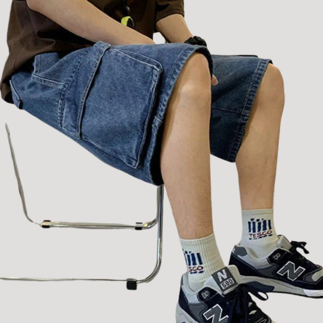 Herr cargo jeansshorts med stora benfickor