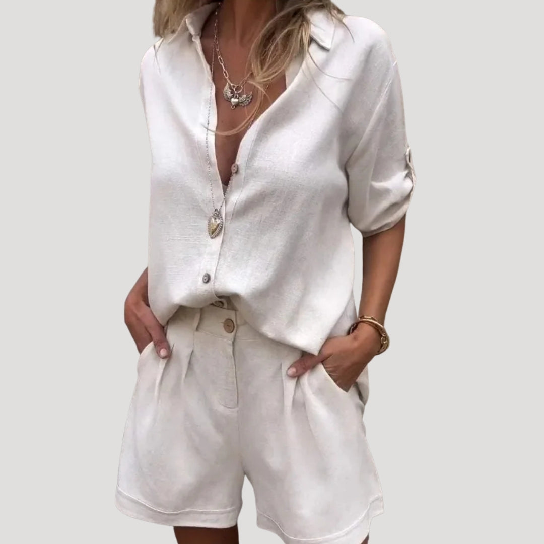 Dam matchande linne set med skjorta och shorts